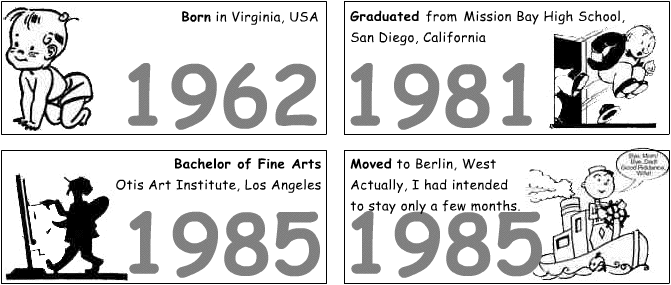 1962: born in Virginia, USA; 1981: graduated from Mission Bay High School, San Diego, California; 1985: Bachelor of Fine Arts Otis Art Institute, Los Angeles; 1985: move to Berlin, West. Actually I had intended to stay only a few months.